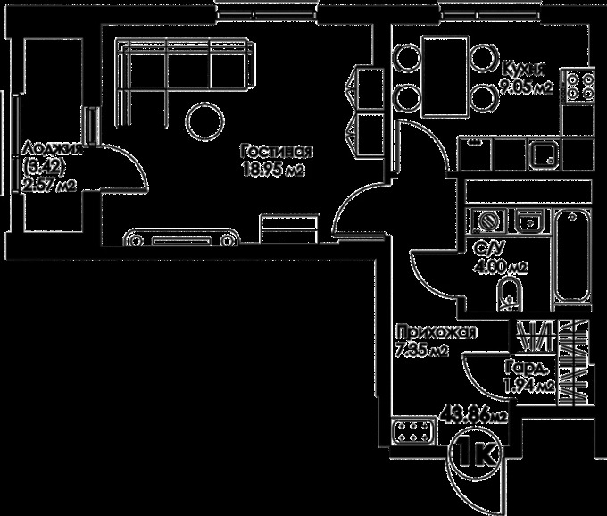 Планировка 1-комнатные квартиры, 43.8 m2 в ЖК Bravo Family, в г. Нур-Султана (Астаны)
