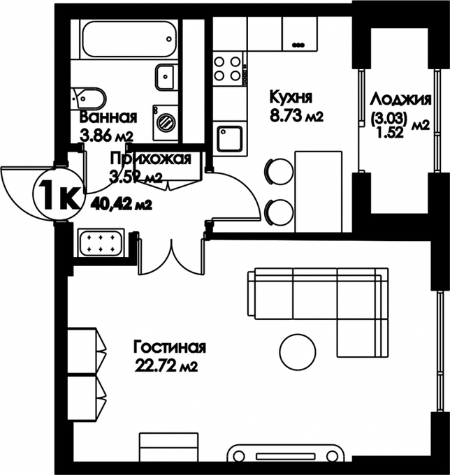 Планировка 1-комнатные квартиры, 40.42 m2 в ЖК Bravo Family, в г. Нур-Султана (Астаны)