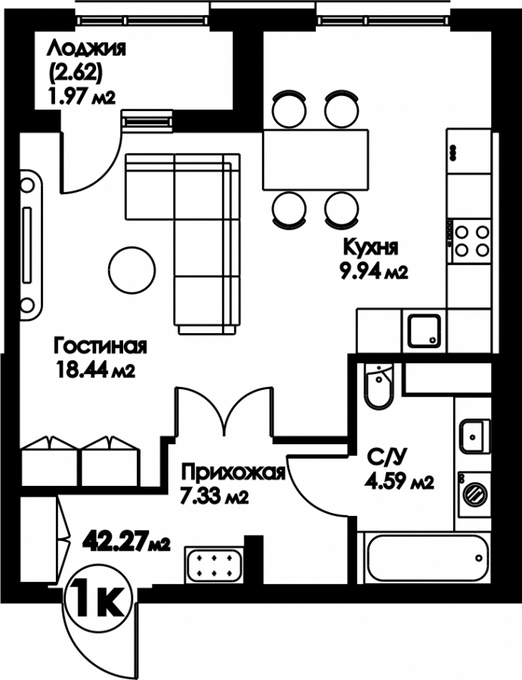 Планировка 1-комнатные квартиры, 42.27 m2 в ЖК Bravo Family, в г. Нур-Султана (Астаны)