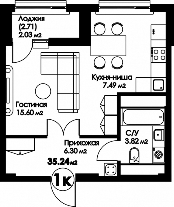 Планировка 1-комнатные квартиры, 35.24 m2 в ЖК Bravo Family, в г. Нур-Султана (Астаны)