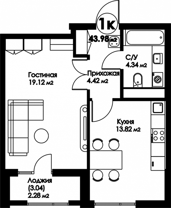 Планировка 1-комнатные квартиры, 43.98 m2 в ЖК Bravo Family, в г. Нур-Султана (Астаны)
