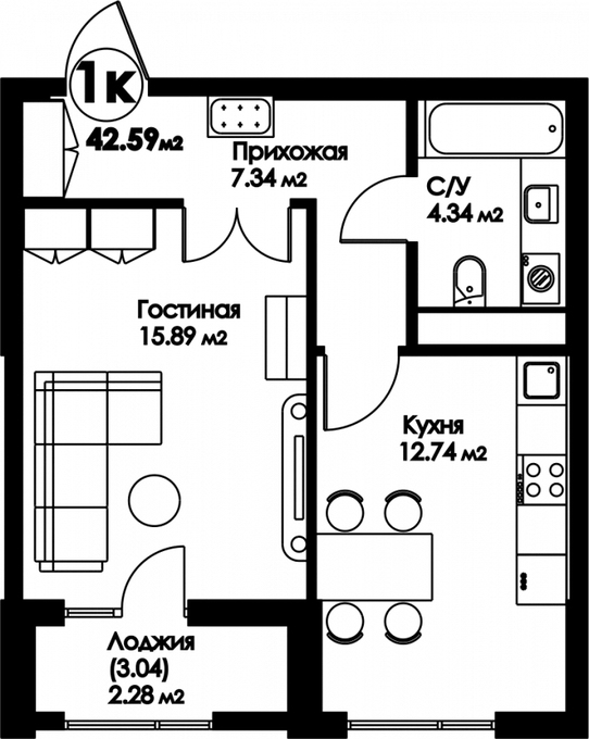 Планировка 1-комнатные квартиры, 42.59 m2 в ЖК Bravo Family, в г. Нур-Султана (Астаны)