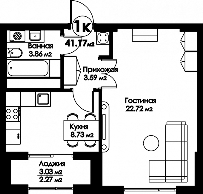 Планировка 1-комнатные квартиры, 41.17 m2 в ЖК Bravo Family, в г. Нур-Султана (Астаны)
