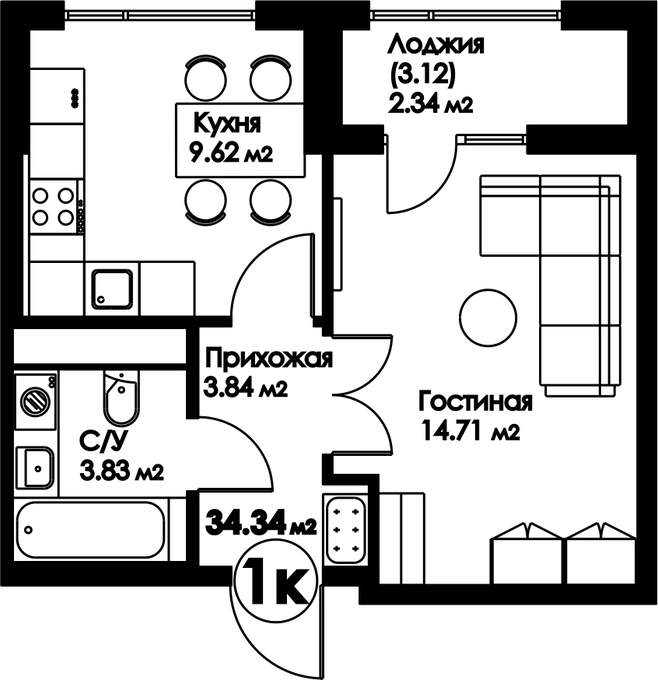 Планировка 1-комнатные квартиры, 34.34 m2 в ЖК Bravo Family, в г. Нур-Султана (Астаны)