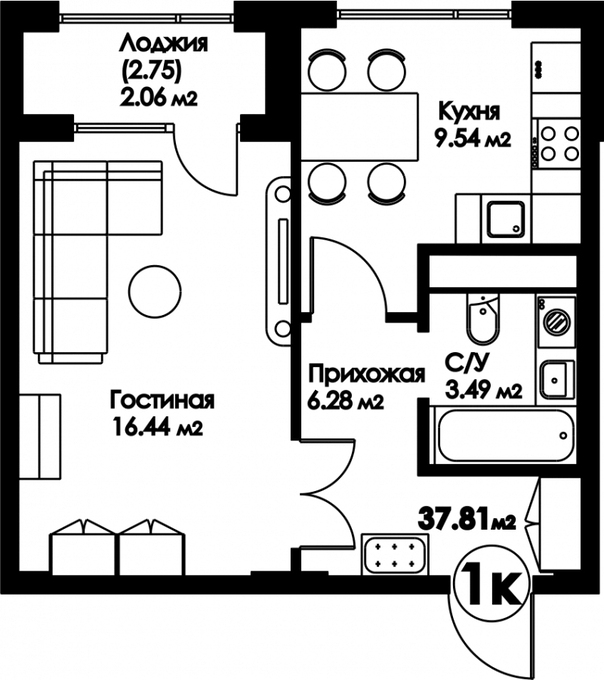 Планировка 1-комнатные квартиры, 37.81 m2 в ЖК Bravo Family, в г. Нур-Султана (Астаны)