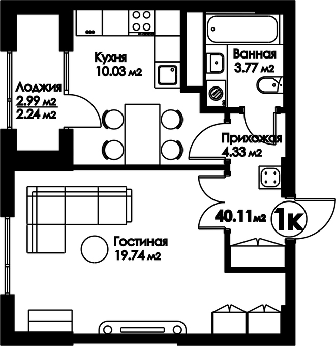 Планировка 1-комнатные квартиры, 40.11 m2 в ЖК Bravo Family, в г. Нур-Султана (Астаны)