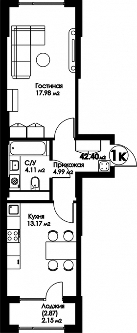 Планировка 1-комнатные квартиры, 42.4 m2 в ЖК Bravo Family, в г. Нур-Султана (Астаны)