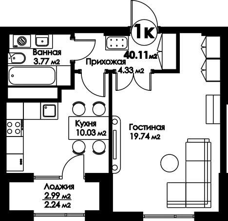 Планировка 1-комнатные квартиры, 40.11 m2 в ЖК Bravo Family, в г. Нур-Султана (Астаны)