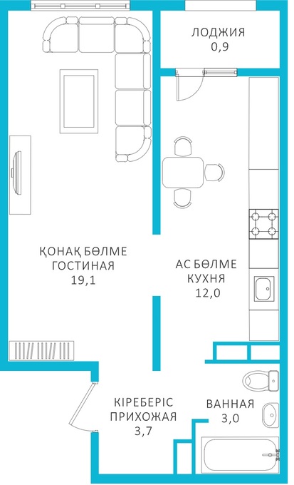 Планировка 1-комнатные квартиры, 38.7 m2 в ЖК Nurly Dala, в г. Алматы