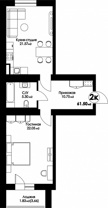 Планировка 2-комнатные квартиры, 61.5 m2 в ЖК Geneva, в г. Нур-Султана (Астаны)