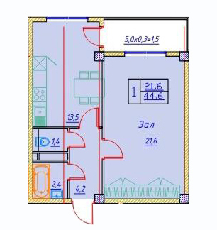 Планировка 1-комнатные квартиры, 44.6 m2 в ЖК Швейцария, в г. Алматы