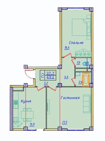 Планировка 2-комнатные квартиры, 69.1 m2 в ЖК Швейцария, в г. Алматы