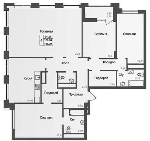 Планировка 4-комнатные квартиры, 158 m2 в ЖК Asylym Park 1, в г. Нур-Султана (Астаны)