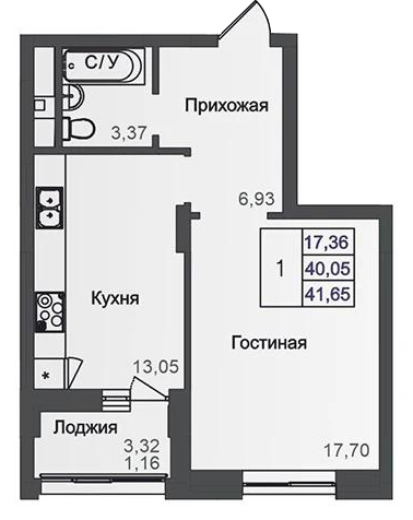 Планировка 1-комнатные квартиры, 41.65 m2 в ЖК Asylym Park 1, в г. Нур-Султана (Астаны)