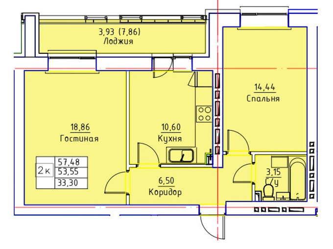 Планировка 2-комнатные квартиры, 57.48 m2 в ЖК Geneva, в г. Нур-Султана (Астаны)