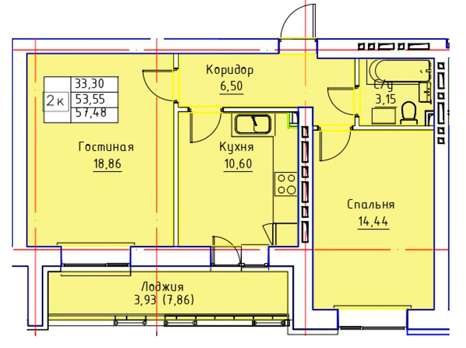 Планировка 2-комнатные квартиры, 57.48 m2 в ЖК Geneva, в г. Нур-Султана (Астаны)