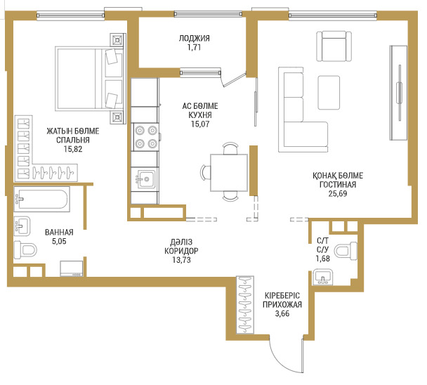 Планировка 2-комнатные квартиры, 77.6 m2 в ЖК Shahristan, в г. Шымкента