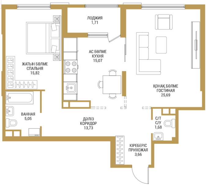 Планировка 2-комнатные квартиры, 77.76 m2 в ЖК Shahristan, в г. Шымкента