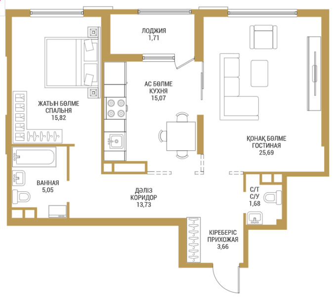 Планировка 2-комнатные квартиры, 77.02 m2 в ЖК Shahristan, в г. Шымкента