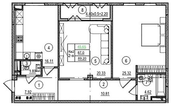 Планировка 2-комнатные квартиры, 89.2 m2 в Клубный дом Grandview House, в г. Алматы