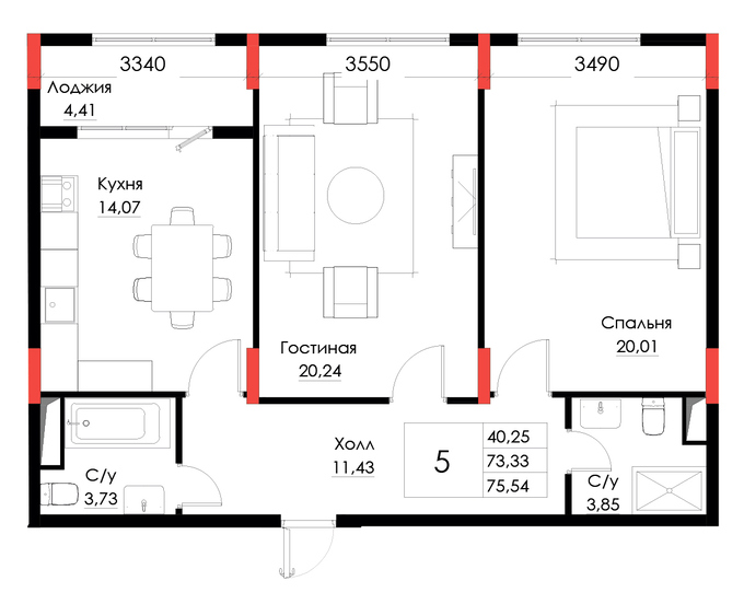Планировка 2-комнатные квартиры, 75.54 m2 в ЖК Brooklyn, в г. Атырау