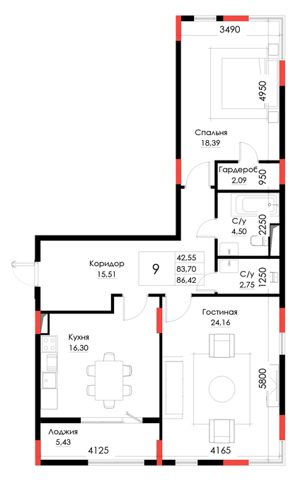 Планировка 2-комнатные квартиры, 86.42 m2 в ЖК Brooklyn, в г. Атырау