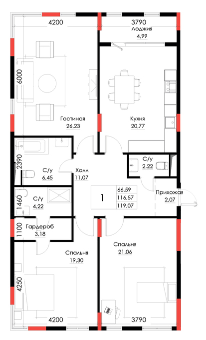 Планировка 3-комнатные квартиры, 119.07 m2 в ЖК Brooklyn, в г. Атырау
