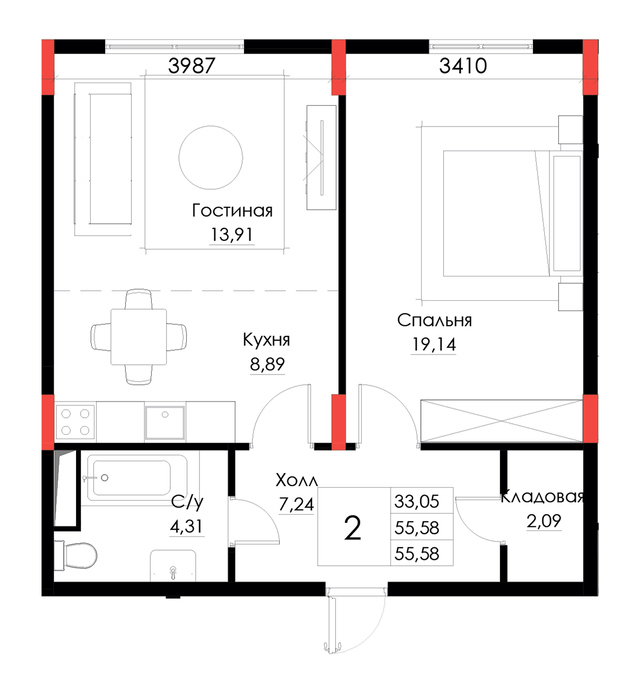 Планировка 2-комнатные квартиры, 55.58 m2 в ЖК Brooklyn, в г. Атырау