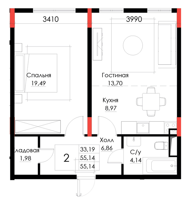 Планировка 2-комнатные квартиры, 55.14 m2 в ЖК Brooklyn, в г. Атырау