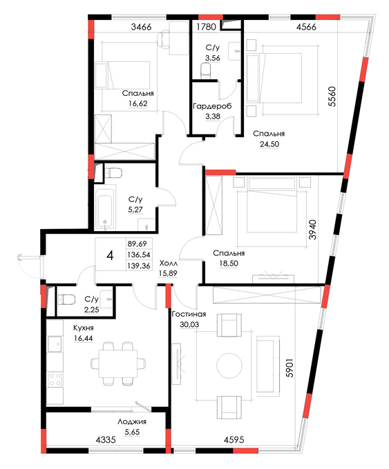Планировка 4-комнатные квартиры, 139.36 m2 в ЖК Brooklyn, в г. Атырау