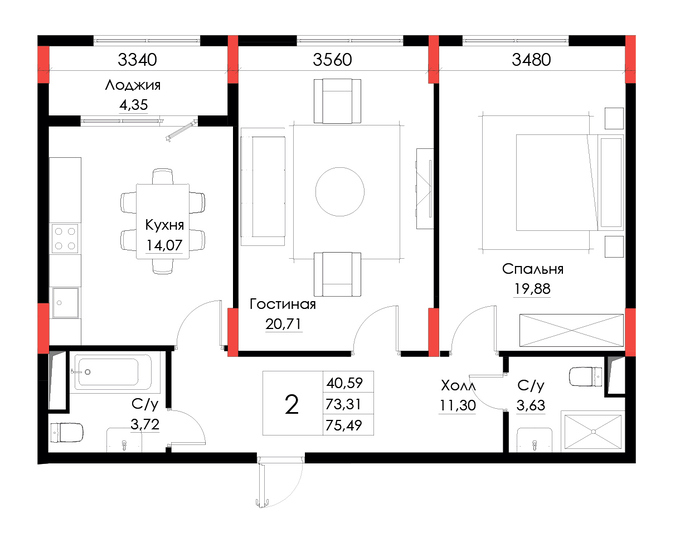 Планировка 2-комнатные квартиры, 75.49 m2 в ЖК Brooklyn, в г. Атырау