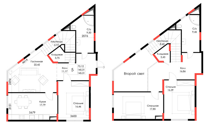 Планировка 5-комнатные квартиры, 145.31 m2 в ЖК Brooklyn, в г. Атырау
