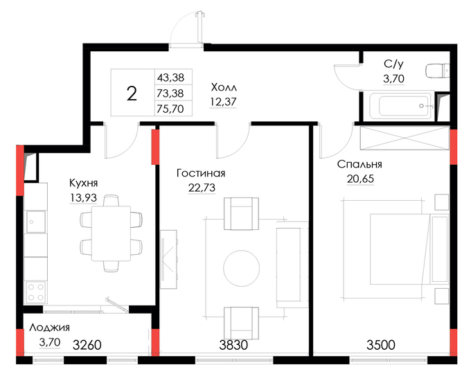 Планировка 2-комнатные квартиры, 75.7 m2 в ЖК Brooklyn, в г. Атырау