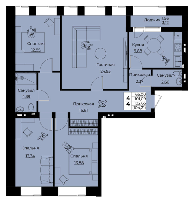 Планировка 4-комнатные квартиры, 102.65 m2 в ЖК River City, в г. Нур-Султана (Астаны)