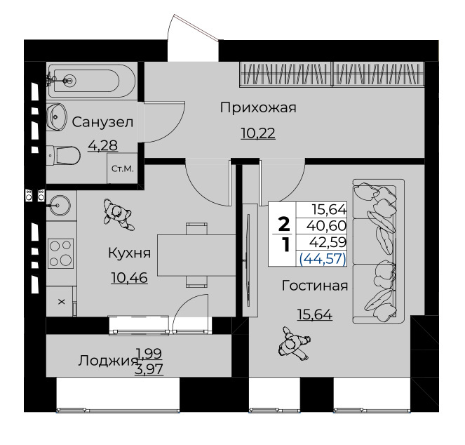 Планировка 1-комнатные квартиры, 42.59 m2 в ЖК River City, в г. Нур-Султана (Астаны)