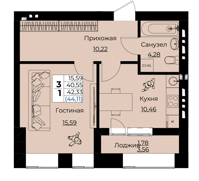 Планировка 1-комнатные квартиры, 42.33 m2 в ЖК River City, в г. Нур-Султана (Астаны)