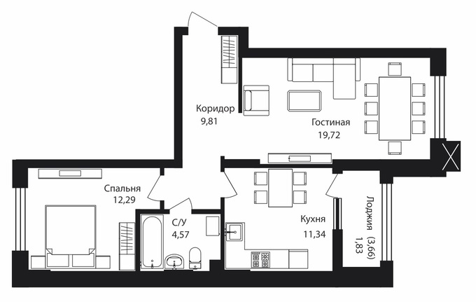 Планировка 2-комнатные квартиры, 59.56 m2 в ЖК Кок жайлау, в г. Нур-Султана (Астаны)