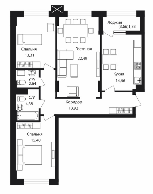 Планировка 3-комнатные квартиры, 88.63 m2 в ЖК Кок жайлау, в г. Нур-Султана (Астаны)
