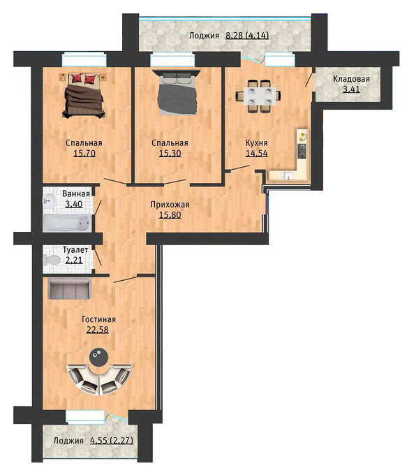 Планировка 3-комнатные квартиры, 99.35 m2 в ЖК Наурыз, в г. Уральска