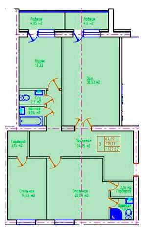 Планировка 3-комнатные квартиры, 127.62 m2 в ЖК Наурыз, в г. Уральска