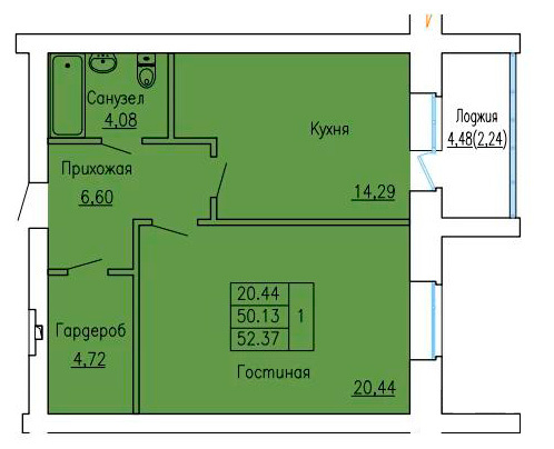 Планировка 1-комнатные квартиры, 52.37 m2 в ЖК Кеменгер, в г. Уральска