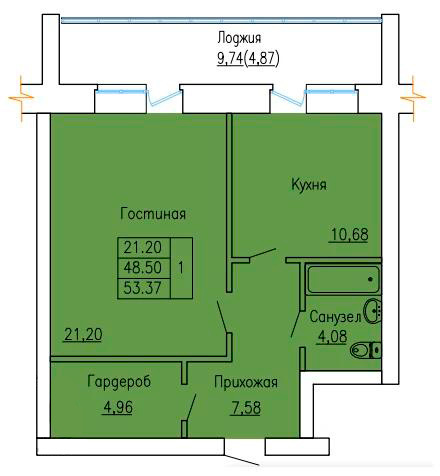 Планировка 1-комнатные квартиры, 53.37 m2 в ЖК Кеменгер, в г. Уральска