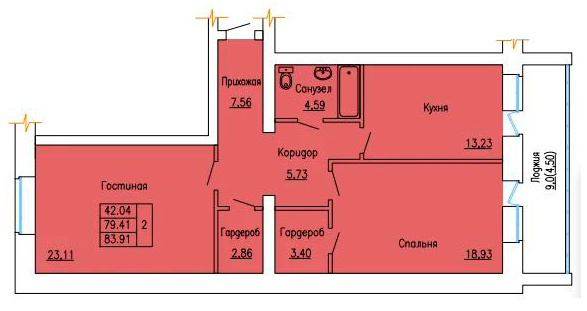 Планировка 2-комнатные квартиры, 83.91 m2 в ЖК Кеменгер, в г. Уральска