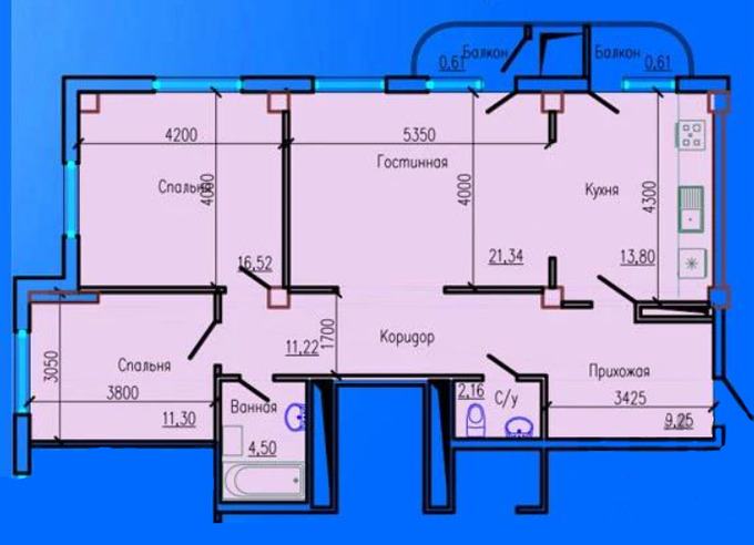 Планировка 3-комнатные квартиры, 91.41 m2 в ЖК Казыгурт, в г. Шымкента