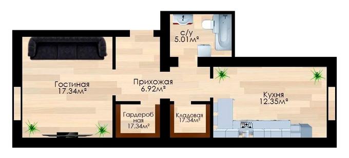 Планировка 1-комнатные квартиры, 52.78 m2 в ЖК Акыртас, в г. Нур-Султана (Астаны)