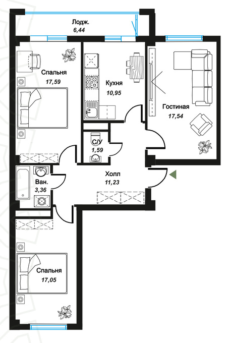 Планировка 3-комнатные квартиры, 81.46 m2 в ЖК Silk Way, в г. Нур-Султана (Астаны)