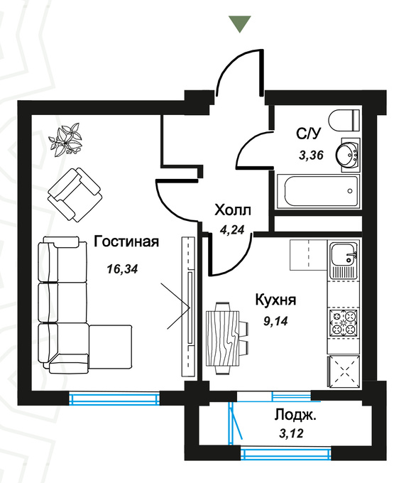 Планировка 1-комнатные квартиры, 34.13 m2 в ЖК Silk Way, в г. Нур-Султана (Астаны)