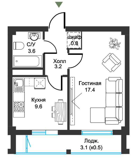 Планировка 1-комнатные квартиры, 37.7 m2 в ЖК Silk Way, в г. Нур-Султана (Астаны)