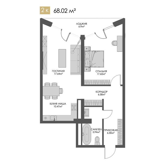Планировка 2-комнатные квартиры, 68.02 m2 в ЖК Belle View, в г. Алматы