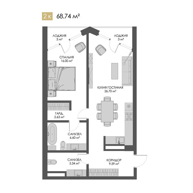 Планировка 2-комнатные квартиры, 68.74 m2 в ЖК Belle View, в г. Алматы